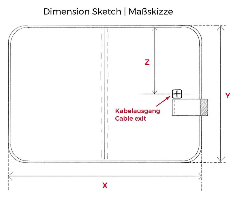 Maßskizze der SWIT® Hundematte mit beschriftetem Kabelausgang und Maßangaben X, Y, Z